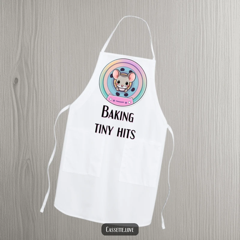 Funny kitchen apron with a tiny mouse peeking out from the spool of a brightly colored cassette tape, adding quirky charm.