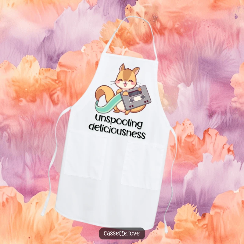 Funny kitchen apron featuring a playful squirrel joyfully unwinding a ribbon from a retro cassette tape, adding quirky flair.