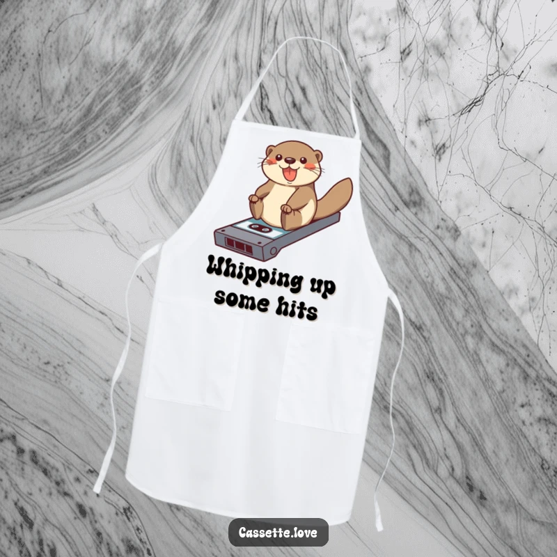Funny kitchen apron featuring a happy otter sliding down a ramp made of a vintage cassette tape, adding retro flair.