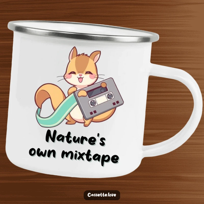 Funny camping mug featuring a playful squirrel joyfully unwinding a ribbon from a vintage cassette tape, perfect for the outdoors.