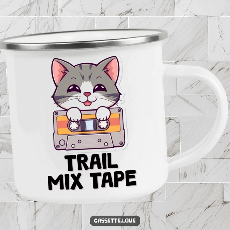 Funny Camping Mug with a cheerful cat peeking from a cassette tape, sporting a playful grin, perfect for retro music lovers outdoors.