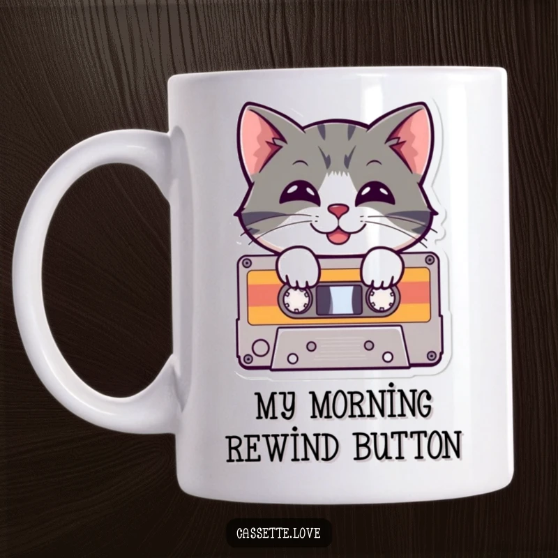 Funny Cat Cassette Mug featuring a cheerful cat peeking out from inside a vintage cassette tape with a playful grin, ready for retro tunes.