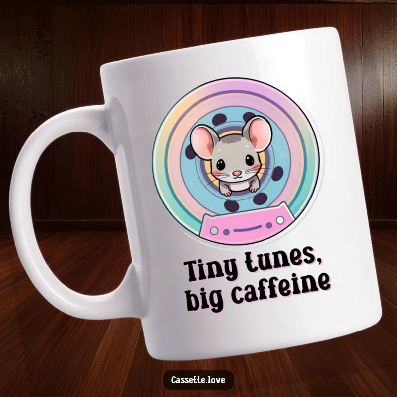 Funny mug featuring a tiny mouse peeking curiously from the spool of a brightly colored vintage cassette tape.