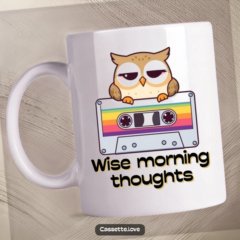 Funny Owl Cassette Mug featuring a winking owl perched smartly on a large, colorful retro cassette tape, exuding retro music knowledge.