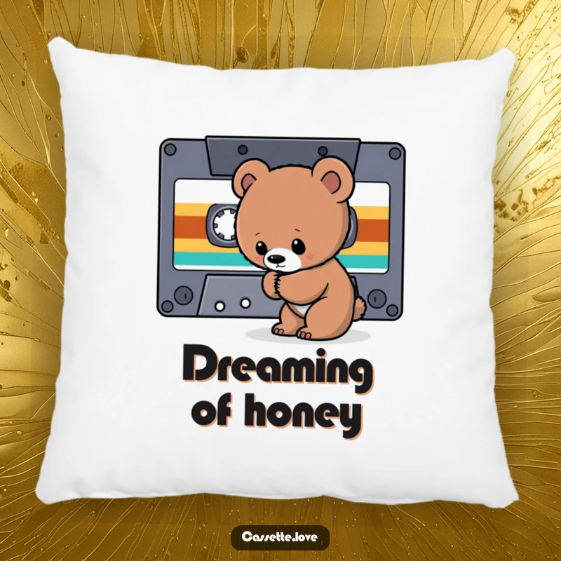 Funny Pillow depicting a curious bear cub sniffing a giant cassette tape ribbon, perfect for retro music comfort.