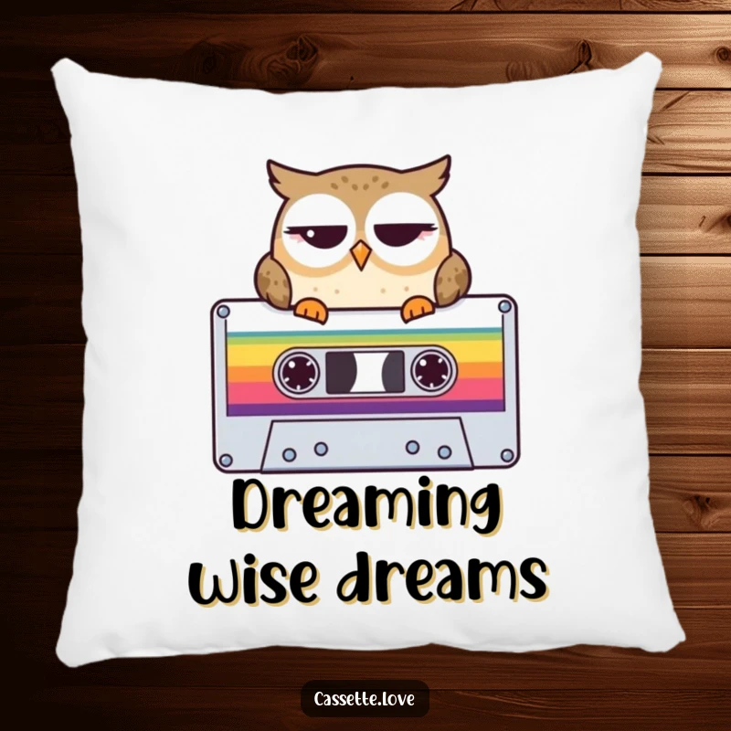 Funny Pillow depicting a winking owl perched on a colorful cassette tape, offering retro music vibes and cozy comfort.