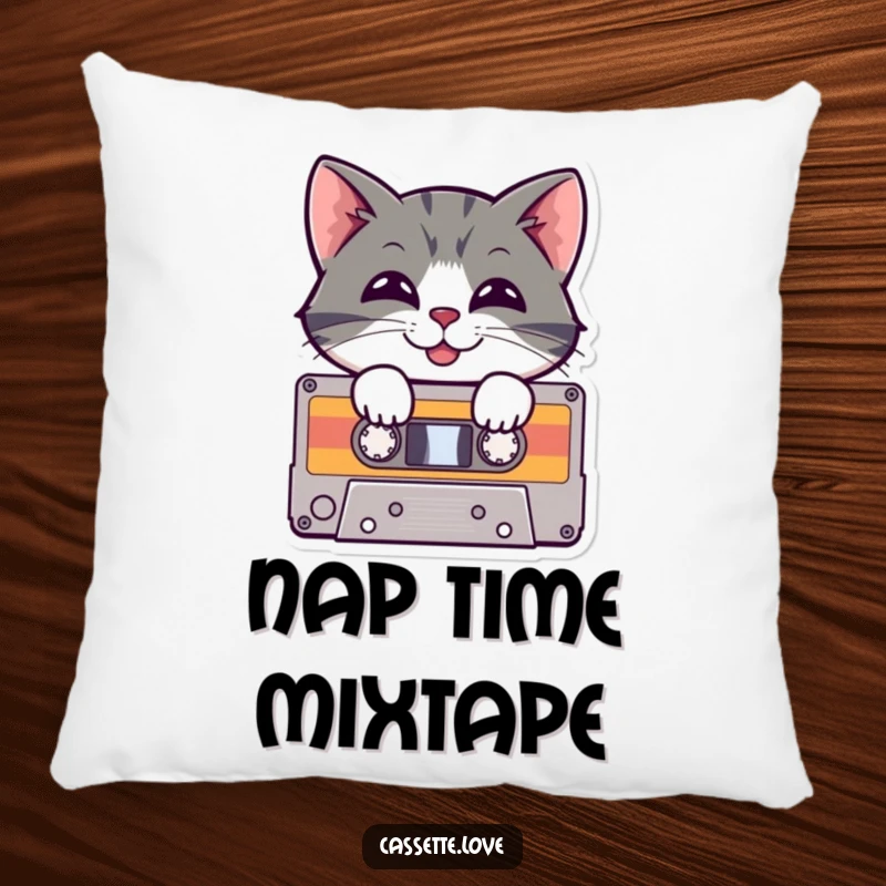 Funny Pillow with a cheerful cat peeking out of a cassette tape, complete with a playful grin, offering retro music vibes and comfort.
