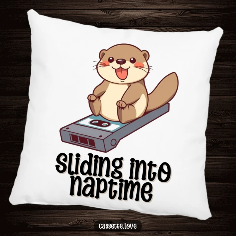 Funny accent pillow featuring a cheerful otter sliding down a ramp made of a cassette tape, perfect for adding humor to decor.