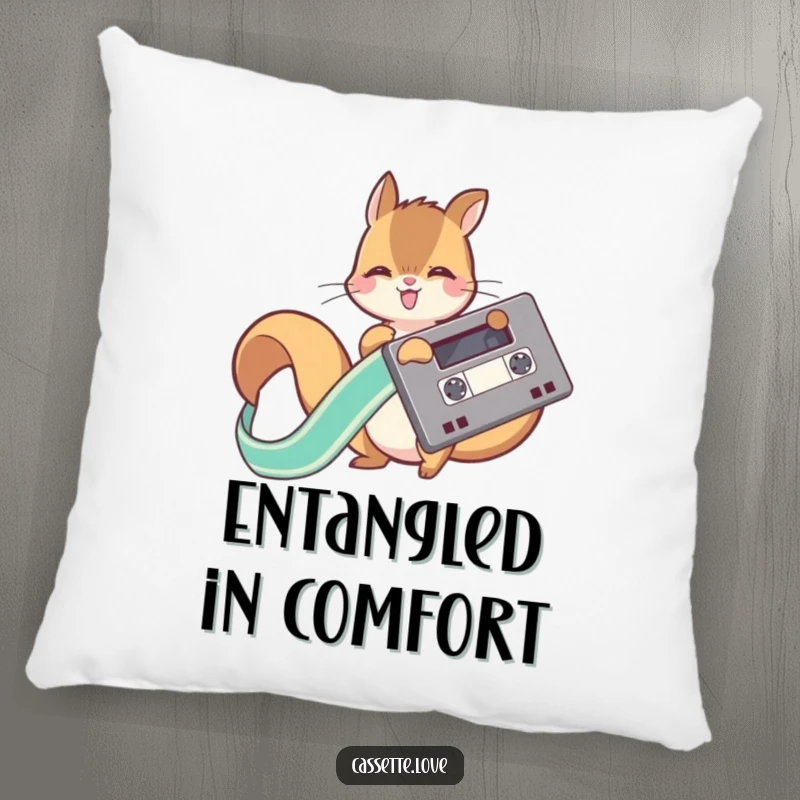 Funny accent pillow featuring a playful squirrel joyfully unwinding a ribbon from a cassette tape, perfect for cozying up.