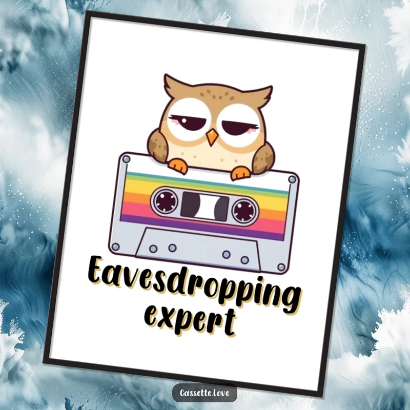 Funny Digital Art Print of a winking owl perched on a cassette tape, embodying retro music nostalgia and clever humor.