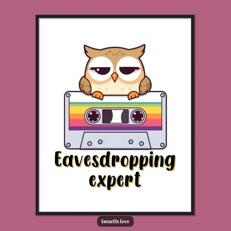 Funny Digital Art: Owl on Cassette - Retro Music Print for Walls