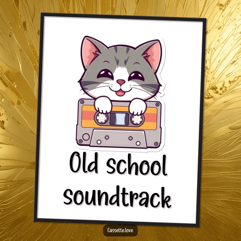 Funny Digital Art Print of a cheerful cat peeking from a cassette tape with a playful grin, capturing retro music nostalgia and humor.