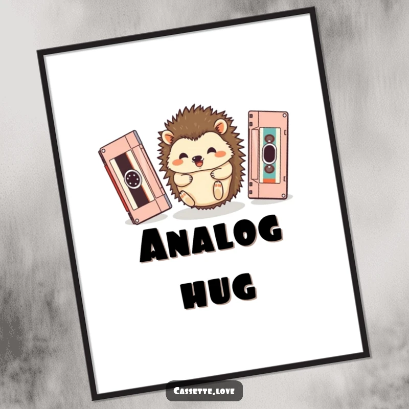 Funny digital art print of a happy hedgehog rolling between two vintage cassette tapes, charming and nostalgic.