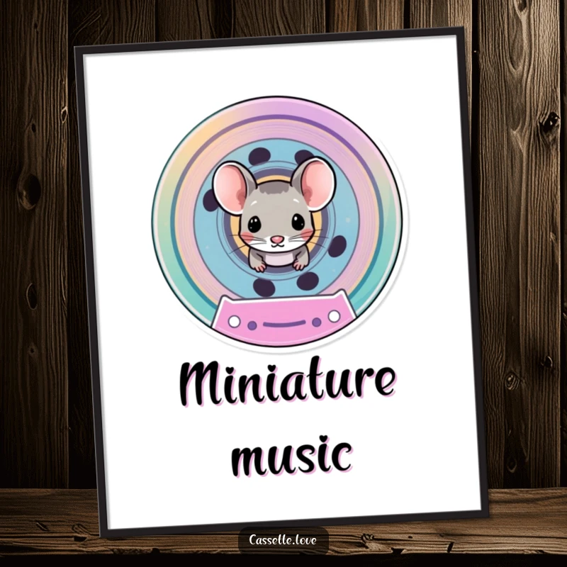 Funny digital art print of a tiny mouse peeking from the spool of a vintage cassette tape, charming and nostalgic.