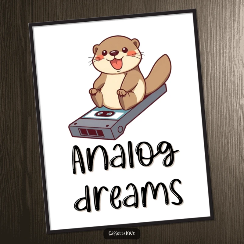 Funny digital art print of a happy otter sliding down a ramp made of a cassette tape, a vibrant and nostalgic illustration.