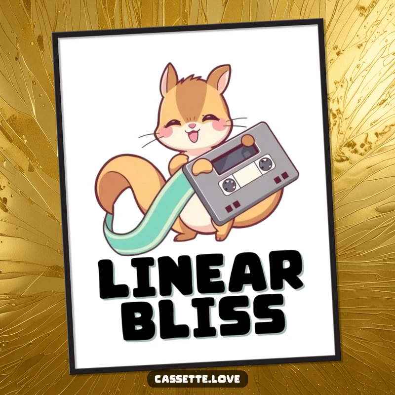 Funny digital art print of a playful squirrel joyfully unwinding a ribbon from a vintage cassette tape, vibrant and dynamic.