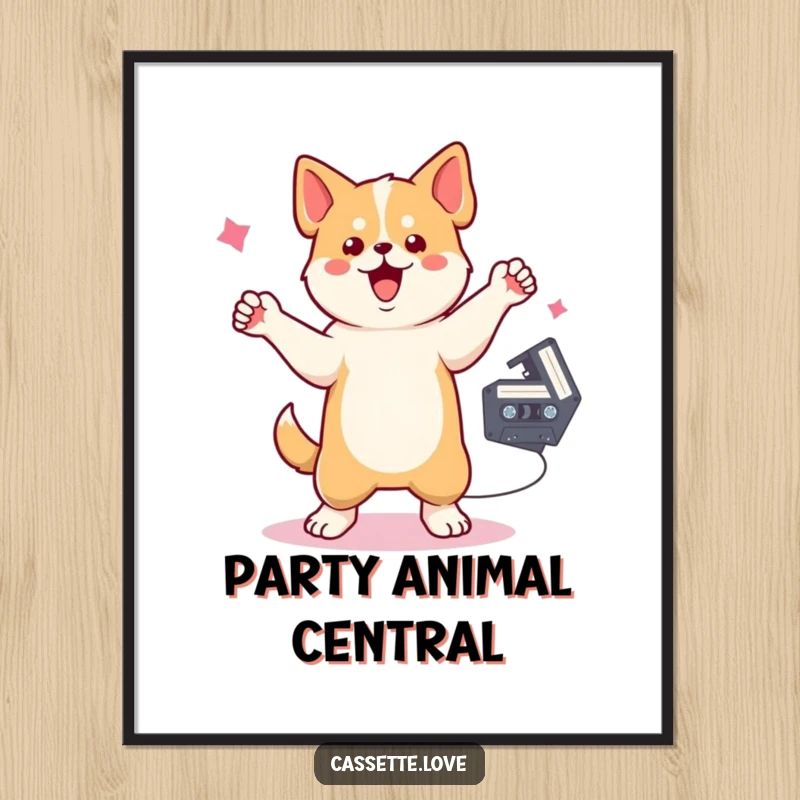 Funny Digital Art Print of a dog dancing with one raised paw near a spinning cassette tape, capturing retro music and canine energy.