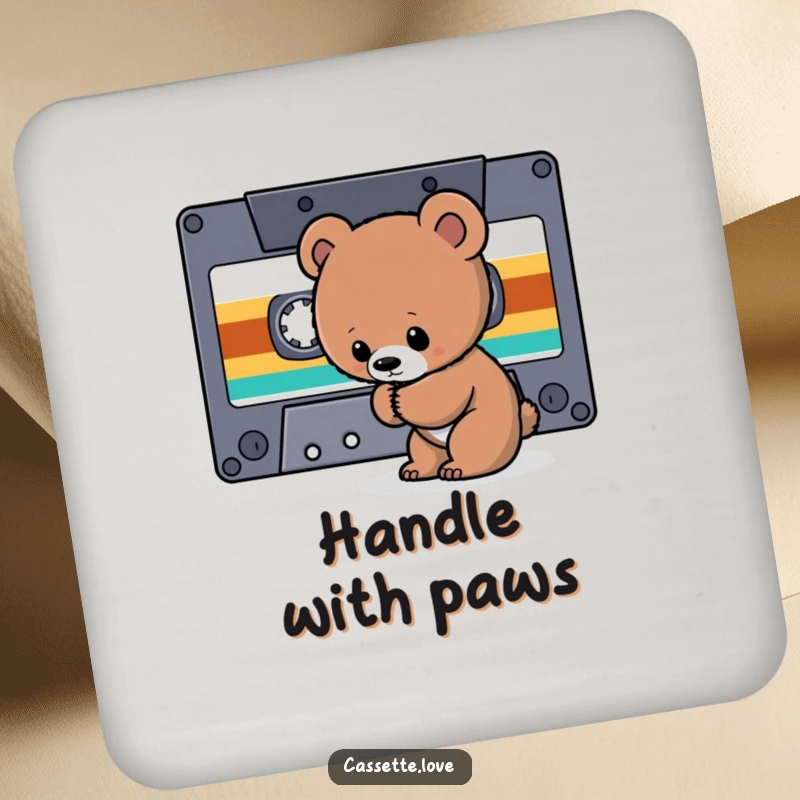 Funny Coasters featuring a curious bear cub sniffing a giant cassette tape ribbon, perfect for retro music enthusiasts.