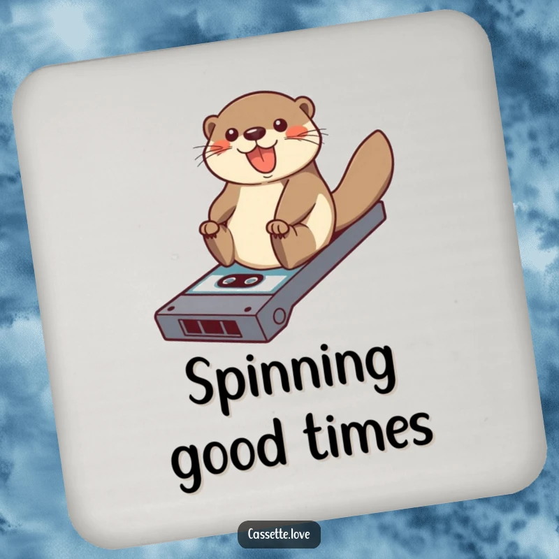 Funny drink coasters featuring a cheerful otter sliding down a ramp made of a cassette tape, adding retro flair to tabletops.