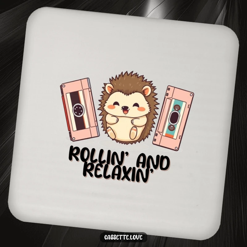 Funny drink coasters featuring a happy hedgehog rolling between two vintage cassette tapes, adding charm.