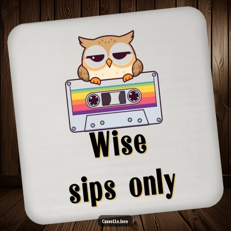 Funny Coasters featuring a winking owl perched on a cassette tape, perfect for retro music enthusiasts.