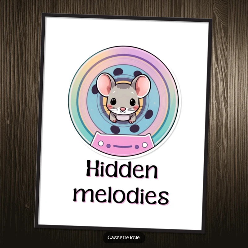 Funny poster art of a tiny mouse peeking out from the spool of a vibrant, retro cassette tape, adding charm.
