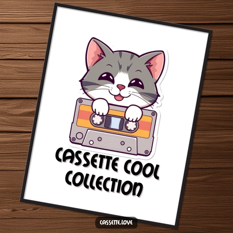 Funny Poster of a cheerful cat peeking out of a cassette tape with a playful grin, symbolizing retro music and feline joy.