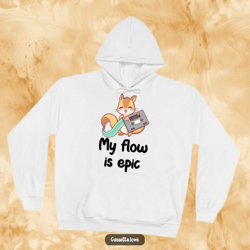 Funny hoodie with a playful squirrel joyfully unraveling a long, flowing ribbon from a vintage cassette tape.
