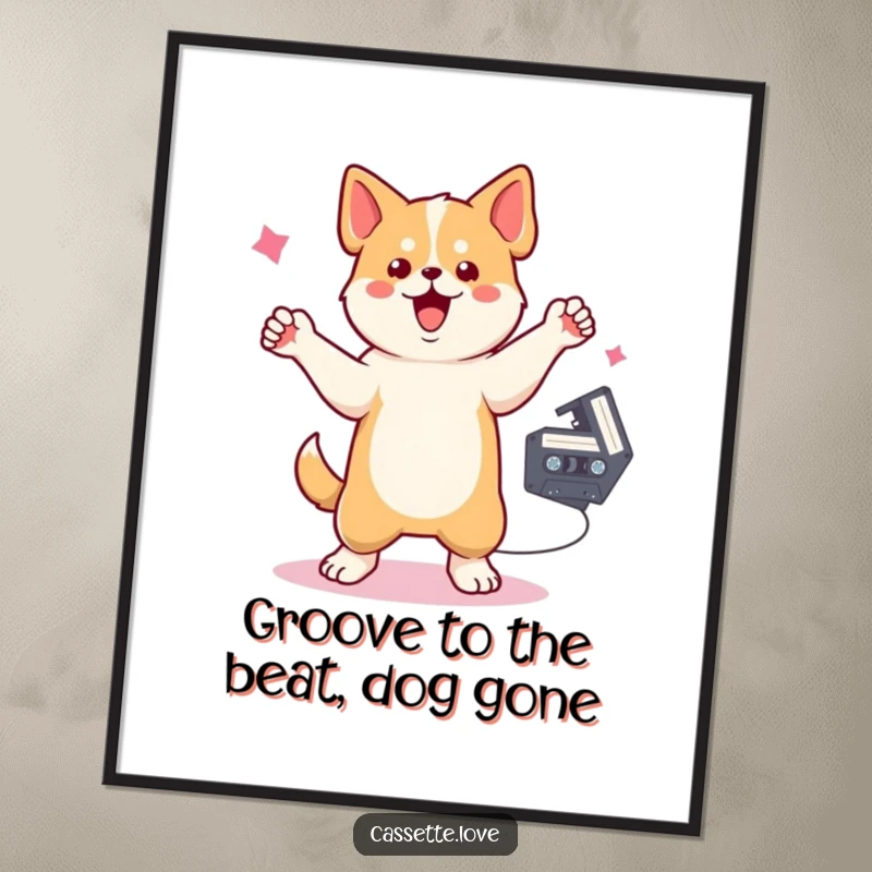 Funny Free Printable Wall Art: A lively dog dances with one paw raised beside a spinning cassette tape.