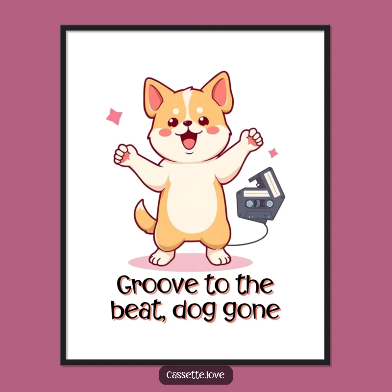 Free Printable Wall Art: Dancing Dog Cassette Beat - Retro Downloadable Decor