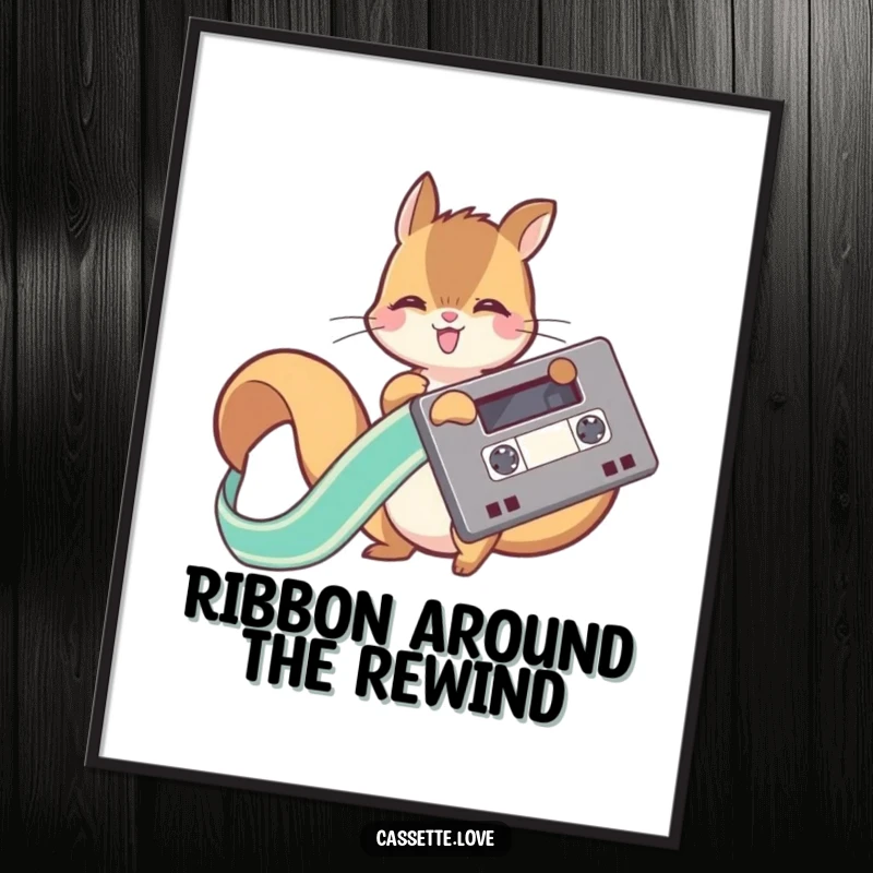 Funny free printable wall art featuring a playful squirrel joyfully unwinding a long, colorful cassette ribbon, full of motion.