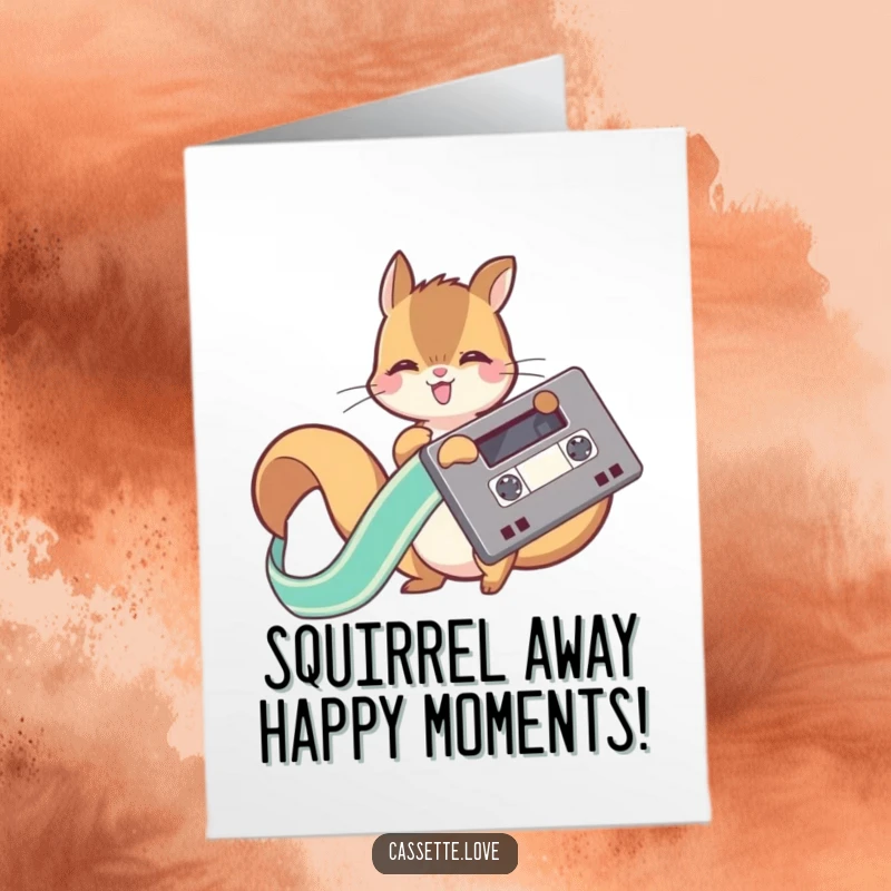 Funny free printable birthday card of a playful squirrel unwinding a colorful cassette ribbon, celebrating with joy.