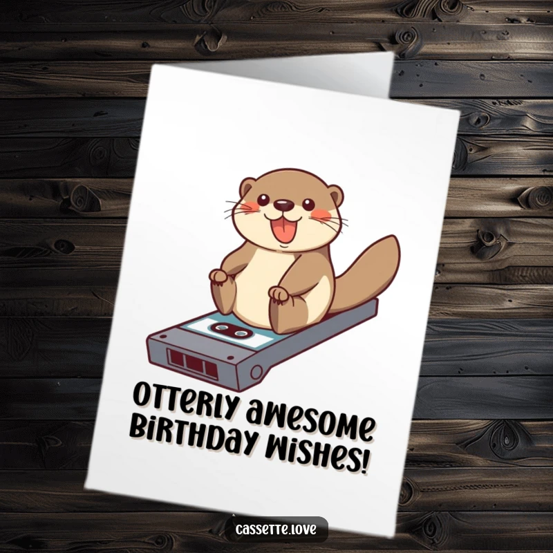 Funny free printable birthday card of a happy otter sliding down a cassette tape ramp, spreading laughter and birthday cheer.