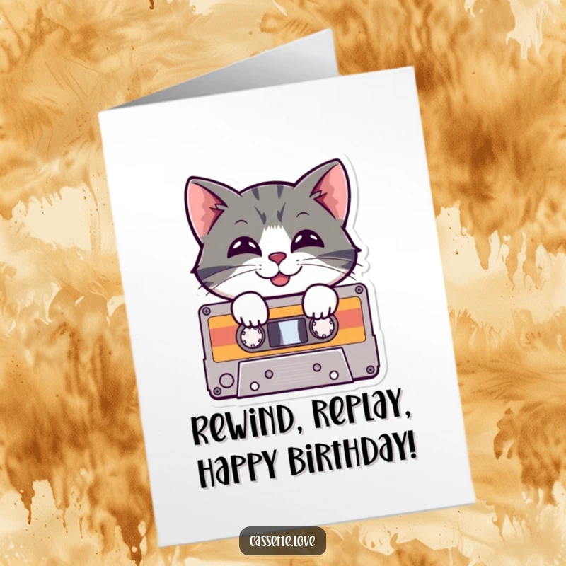 Funny Free Printable Birthday Card: Cheerful cat with a playful grin peeking from a cassette tape.