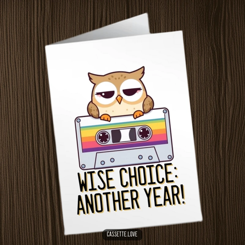 Funny Free Printable Birthday Card: A winking owl sits smartly atop a vibrant, large cassette tape.