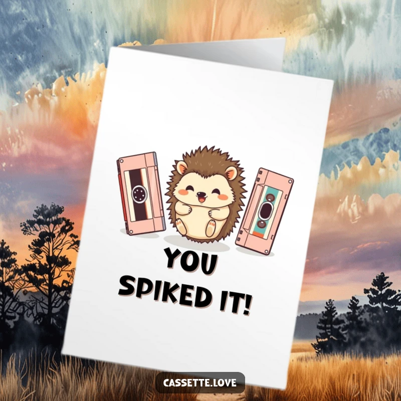 Funny free printable congratulations card with a happy hedgehog rolling between oversized vintage cassette tapes, celebrating achievement.