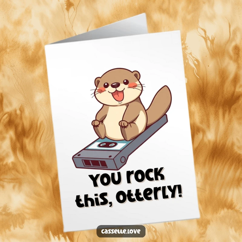 Funny free printable congratulations card featuring a cheerful otter sliding down a cassette tape ramp, celebrating success with glee.