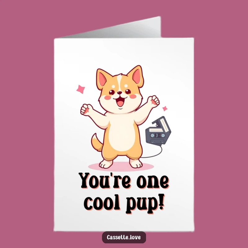 Free Printable Congrats Card: Dancing Dog Cassette Vibes - Humorous Downloadable