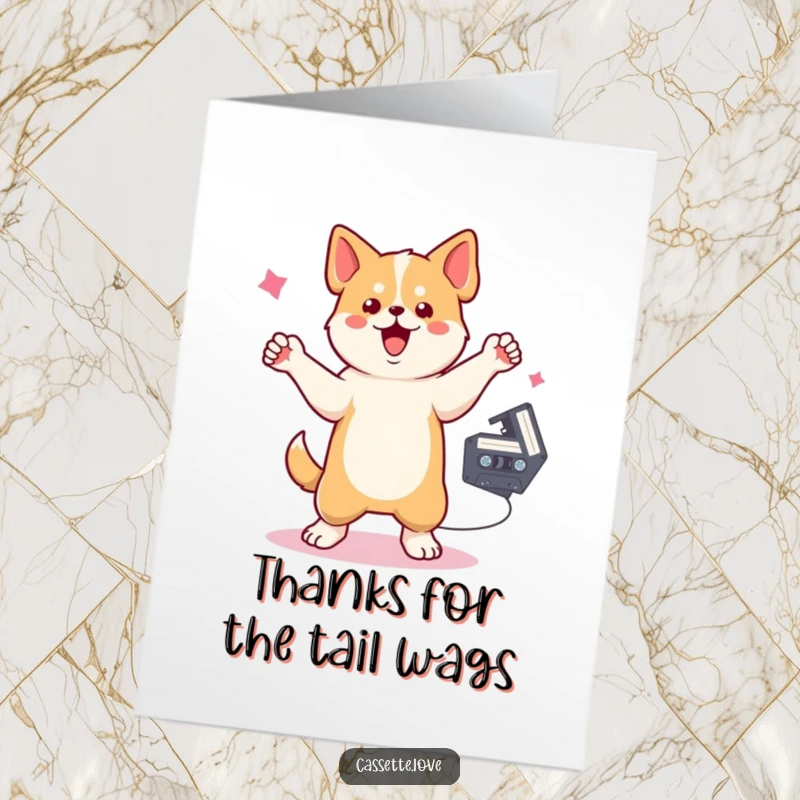 Funny Free Printable Thank You Card: A dog is dancing energetically near a spinning cassette tape.