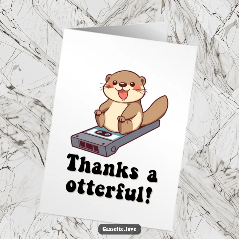 Funny free printable thank you card of a smiling otter sliding down a cassette tape ramp, expressing heartfelt thanks playfully.