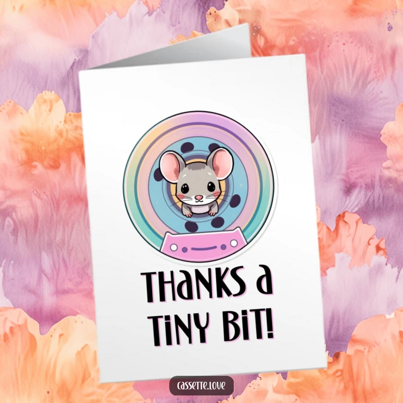 Funny free printable thank you card with a tiny mouse peeking from a colorful cassette spool, conveying sincere thanks.