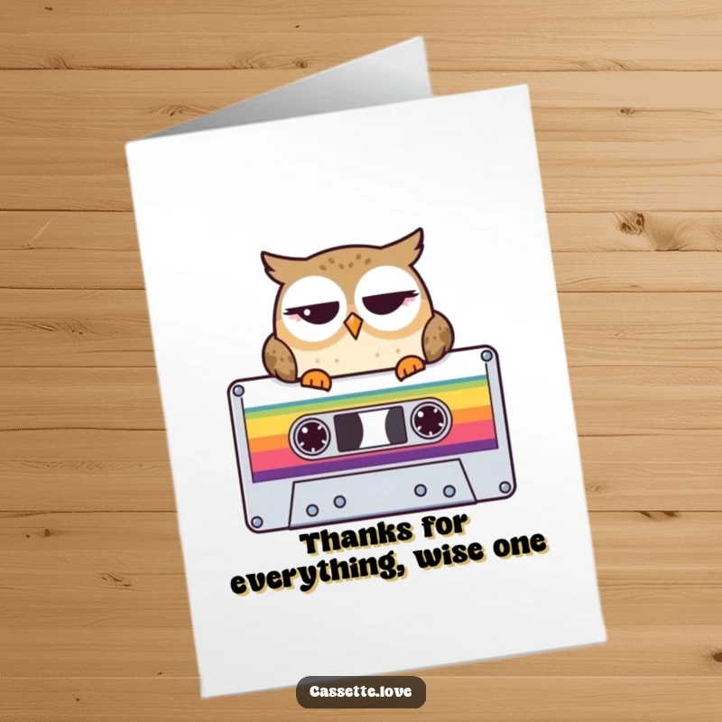 Funny Free Printable Thank You Card: A winking owl is perched on a large, brightly colored cassette tape.