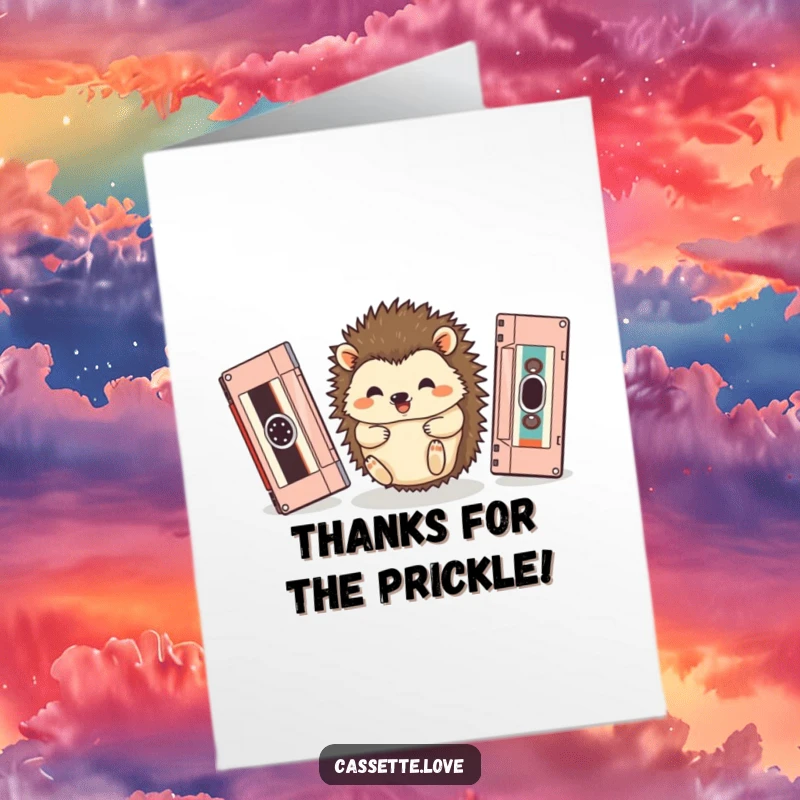 Funny free printable thank you card of a happy hedgehog rolling between vintage cassette tapes, conveying thanks playfully.