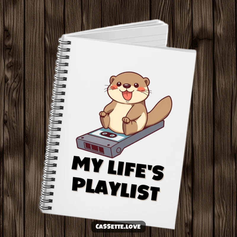 Funny notebook with a cheerful otter sliding down a ramp made of a cassette tape, ideal for capturing notes and ideas.
