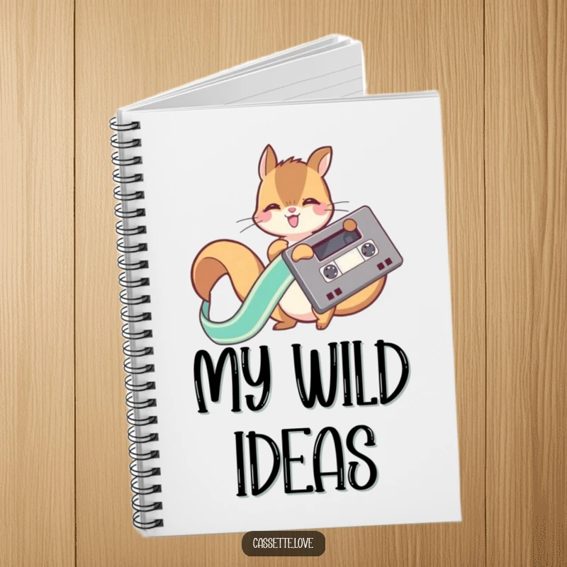 Funny notebook with a playful squirrel joyfully unwinding a ribbon from a vintage cassette tape, ideal for capturing ideas.