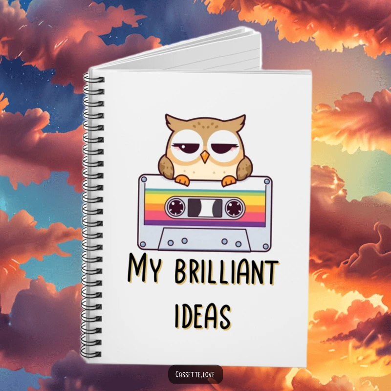 Funny Notebook with a winking owl perched on a colorful cassette tape, perfect for jotting down retro music ideas.