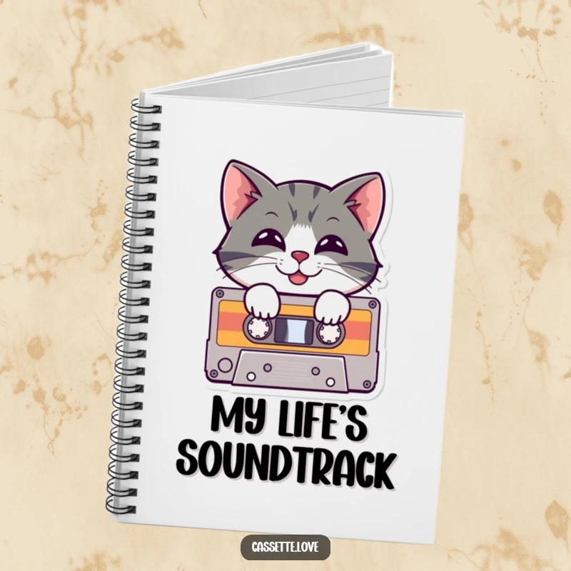 Funny Notebook featuring a cheerful cat peeking out of a cassette tape with a playful grin, perfect for jotting down retro music ideas.