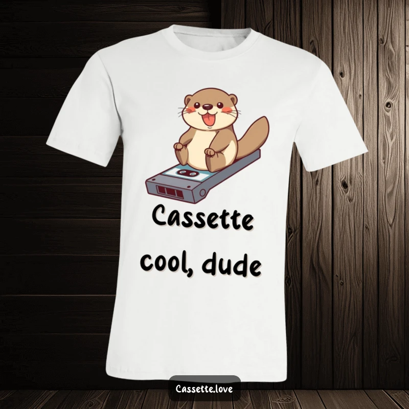 Funny graphic tee: a cheerful otter joyfully slides down a ramp made of a vintage cassette tape.