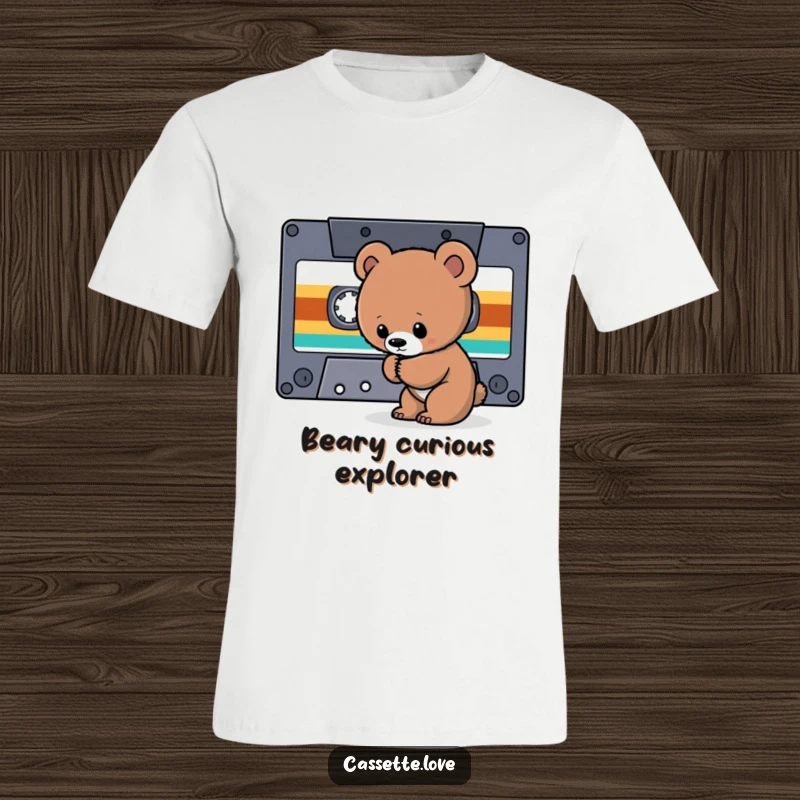 Funny T-Shirt with a curious bear cub sniffing the tape ribbon of a giant cassette tape, embodying exploration and retro music.