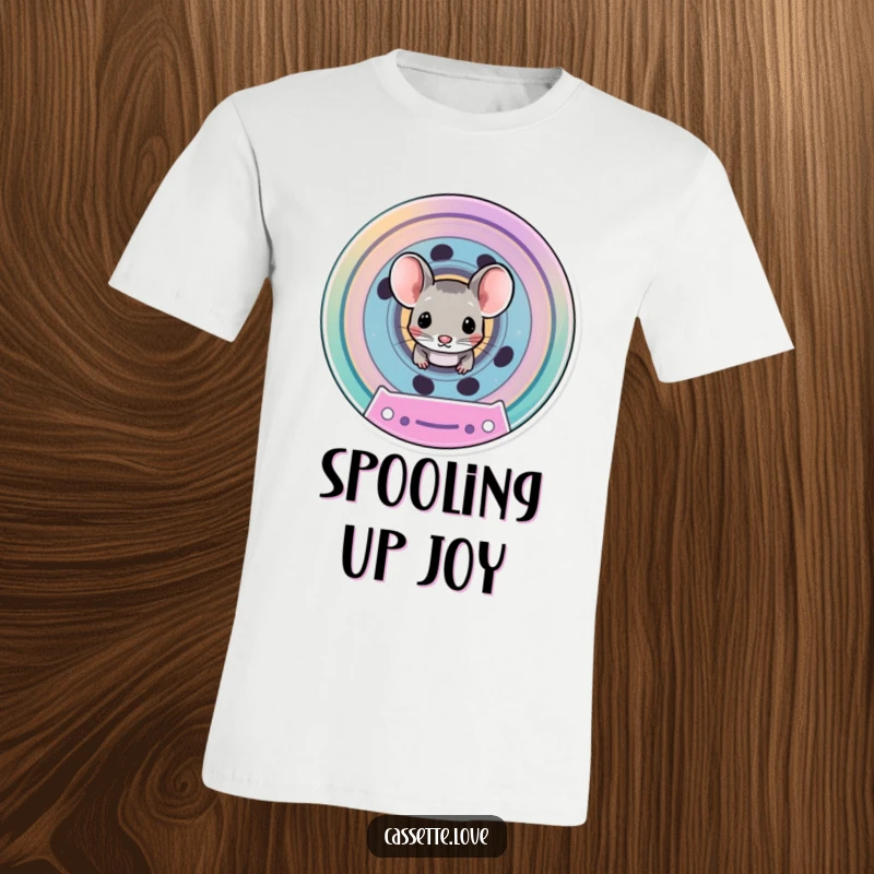 Funny t-shirt with a tiny mouse peeking out from the spool of a vibrant, retro cassette tape.